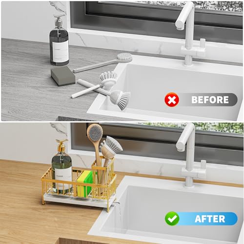 Image of Cisily Sponge Holder for Kitchen Sink, Sink Caddy Organizer with High Brush Holder, Kitchen Countertop Organizers and Storage Essentials, Rustproof 304 Stainless Steel (Gold, 9.25″)