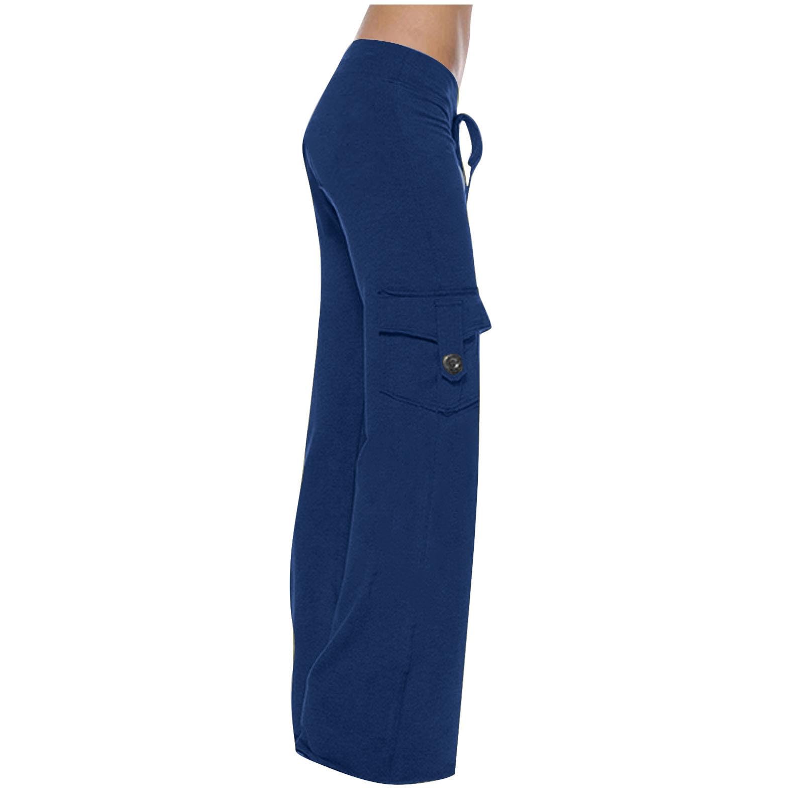 Bootcut Cargo Yoga Pants Women Pockets Casual Sweatpants High Waisted Athletic Pants Wide Leg Trousers Joggers Blue