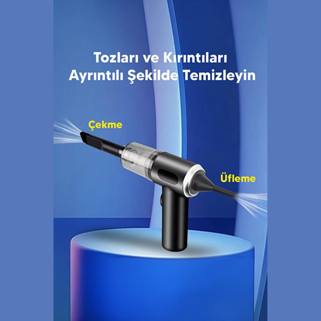 Araç Oto Süpürgesi Şarjlı 120W 6.000Pa – Üfleme Özellikli Mini El Süpürgesi Oto Ofis Klavye Kasa Vakum Şişirme Seti