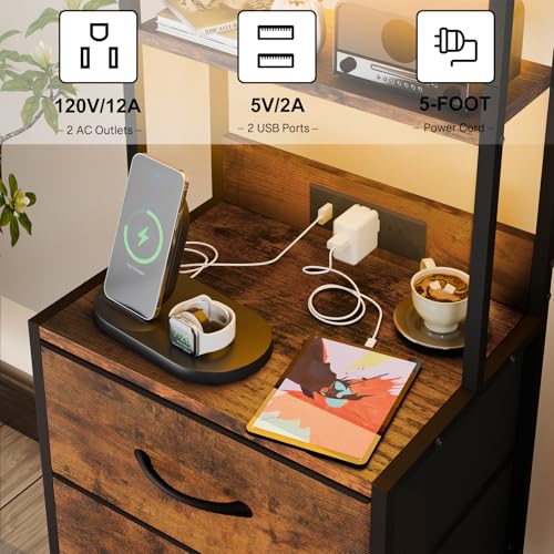 image for Fixwal 41 Inch Tall Nightstand with Charging Station, Led Night Stand 
