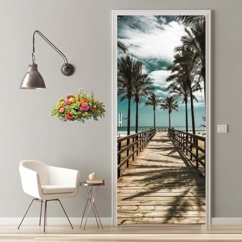 Vinilos Puertas 3D Paisaje Mar De Coco Pegatinas Decorativas de Puerta Pegatina Pared Murales Adhesivo para Puerta para Interiores Sala de Estar Dormitorio Bano Decoración del Hogar 95X215 cm -MT2300