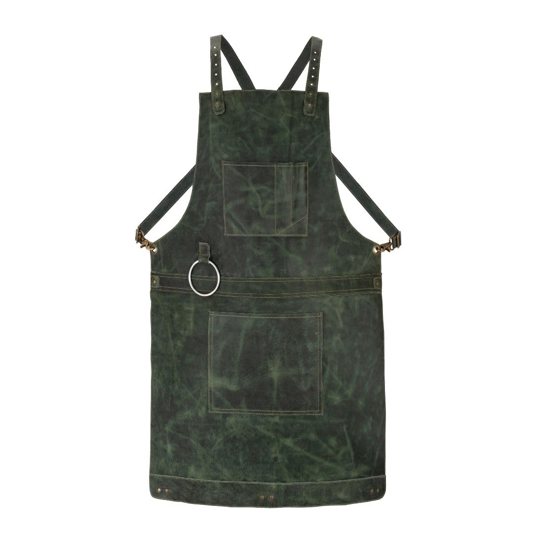 Crazy Horse Pull up Crossbody Leather apron Butcher, Cook, BBQ Grill, Chef, Woodwork, Apron (Olive Green)