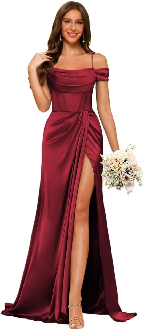 Long Bridesmaid Dresses with Silt for Wedding Spaghetti Strap Mermaid Prom Dress PUS065