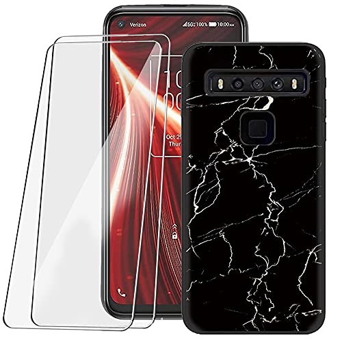 BestAlice for TCL 10L / TCL 10 Lite Marble Case with 2 Pcs Tempered Glass Screen Protector,Matte Slim Soft TPU Protective Rubber Bumper Cover, Black