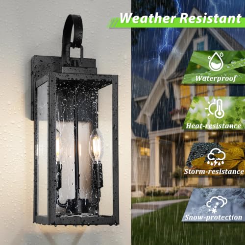 Image of 18 inch Large Outdoor Wall Light, 2-Light Black Exterior Sconce | Waterproof, Rust-Resistant, Durable Metal with Clear Glass, Standard E12 Socket, Easy to Install