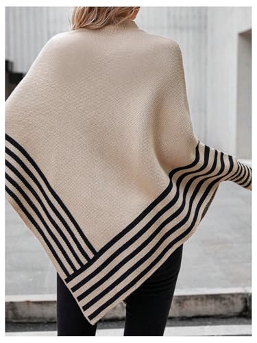 MakeMeChic Women's Winter Sweaters 2024 Poncho Sweater Striped Mock Neck Dolman Sleeve Asymmetrical Sweaters Top2