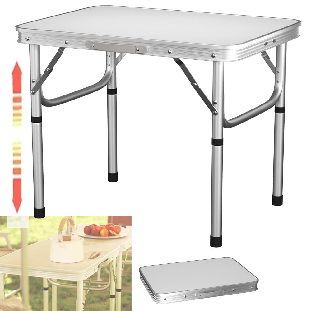 2ft Folding Camping Table Trestle Table with Adjustable Height(60x45x26cm/56cm), Portable Foldable Picnic Tables for Outdoor Indoor Kitchen Garden Party Dinning, with Carrying Handle, Easy to Clean