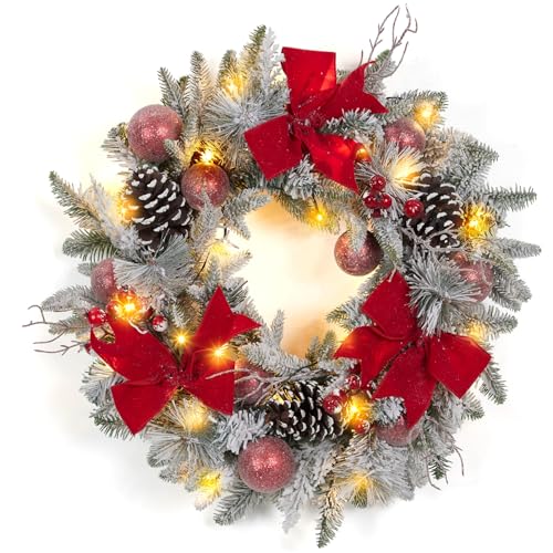 24 Inch Lighted Christmas Wreaths, Pre-lit Xmas Wreath with 3 Red Bow, Pine Wreath with 30 LED Lights, Light Up Christmas Wreath for Front Door Holiday Wall Christmas Party Decor