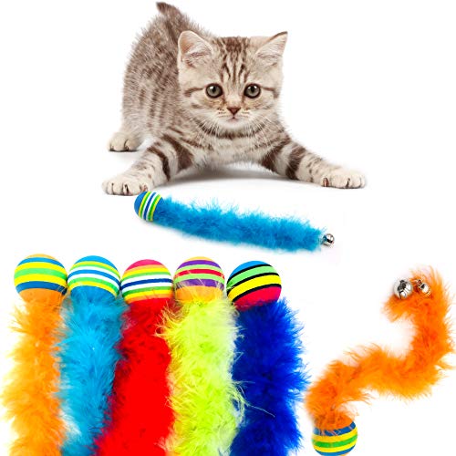 JpGdn 5Pcs Cat Toys Balls with Feather Tails Bells Inside Colorful Rainbow Toy Balls for Indoor Kitty Kitten Interactive Playing Chewing Training Teaser Toy