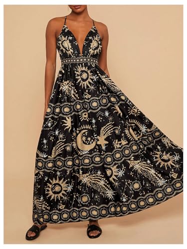 Image of SHENHE Women's Summer Tropical Sundress Deep V Neck Criss Cross Backless Flowy Maxi Dress