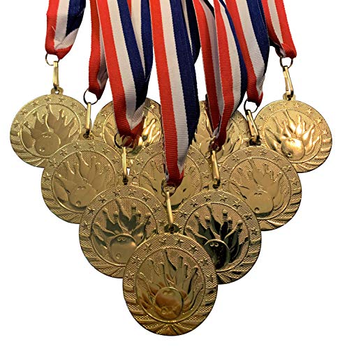 Solid Metal Bowling Medals and Red White and Blue Neck Ribbons. (Pack of 10)