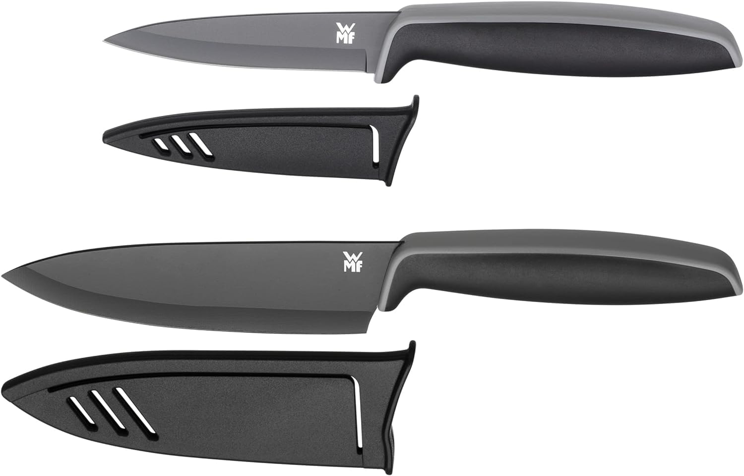 WMF Gourmet Schüsselset 4-teilig, für die Küche 0,75l-2,75l & Touch Messerset 2-teilig, Küchenmesser mit Schutzhülle, Spezialklingenstahl antihaftbeschichtet, scharf, Kochmesser, Gemüsemesser, schwarz