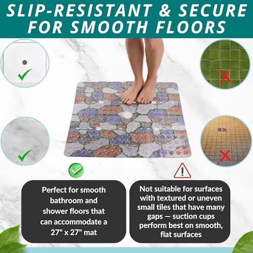 Image of ENKOSI Square Shower Mat 27x27 inch - Anti Slip Shower Stall Floor Mat - Non Slip Shower Mats with Strong Secure Suction Cups and Drain Holes in Middle (27x27 Stone Path)