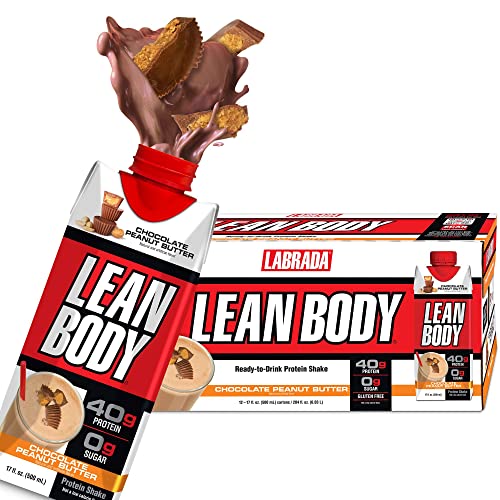 Lean Body Ready-To-Drink Protein Shake, 40G Protein, Whey Blend, 0 Sugar, Gluten Free, 22 Vitamins & Minerals, (Recyclable Carton & Lid - Pack Of 12) Labrada (Chocolate Peanut Butter) #TOP1