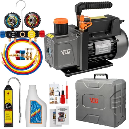 VTG VOGTEN 4.5 CFM AC Vacuum Pump and Gauge Set,for Mini Split/HVAC/Auto Systems,Manifold Gauge Kit Fits R134a R22 R410a,with Leak Detector,Upgraded Trifold Storage Case,4 Hoses,2 R134a Can Taps