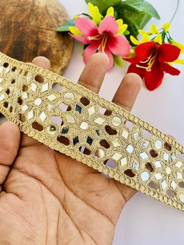 Galon de dentelle florale dorée à miroirs broderie indienne Zari pour customisation de robe - 8