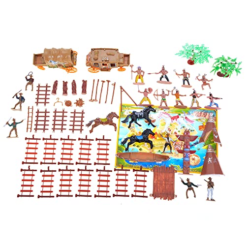 PowerTRC Wild West Native American Indians and Cowboy Playset | 58 Pieces Plastic Toy Figure Soldiers and Props | Western Theme Bundle | Great Gift for Boys and Girls Ages 3 and Up
