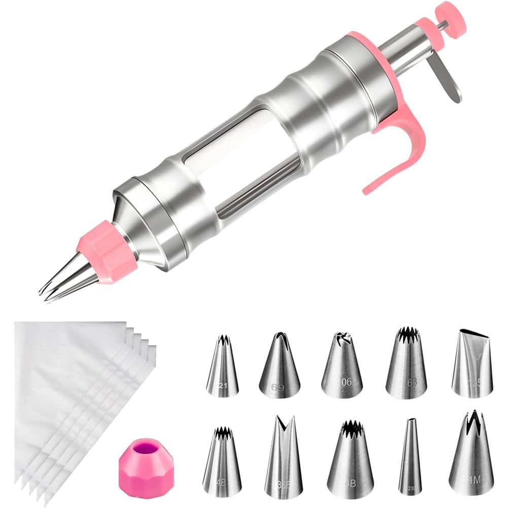 CTRLZS Dessert Set with Cake Decorating Kit, 10 Food Grade Stainless Steel Piping Tips& 50 Disposable Piping Bags-Pink