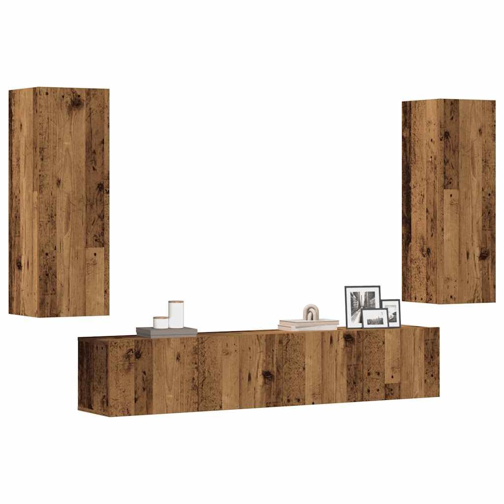 Banc TV salon et console multimédia suspendue aspect vieux bois chaleureux