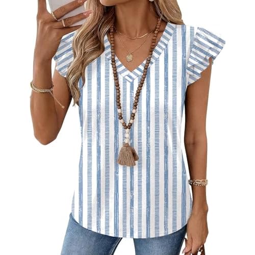 LOMON Womens V Neck Summer Tops Ruffle Sleeveless Slim Fit T Shirts Sexy Blouse Ladies Clothes 2026 White Blue Line Stripe Small