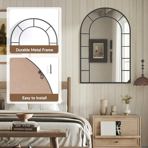 Image of Uniclinens Window Arched Wall Mirror Decor - Farmhouse Black Mirror for Wall Decor Living Room,Large Window Pane Mirror for Fireplace,Entryway,Hallway,Dining Room,Bedroom,36 inchX24 inch Metal Frame
