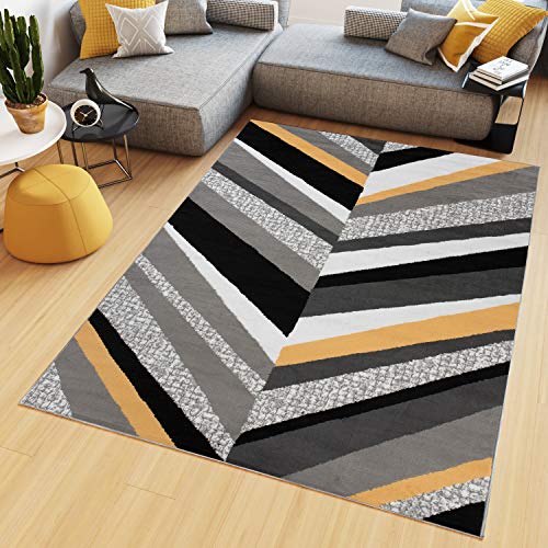 TAPISO Maya Tapis Poil Court Moderne Jaune Blanc Noir Gris Géométrique Motif Rayé Tapis Salon Chambre Salle à Manger Adulte Bureau Oeko-TEX Résistant 160...