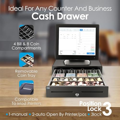 POS VALLEY Geldschublade für Registrierkasse, 41 x 41 cm, automatisch/manuell, RJ11, professionelles Kit mit Stift zur Prüfung von Banknoten - Kassenschublade für 4 Banknoten und 8 Münzen, Schwarz