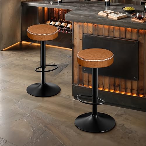 Tall-Bar-Stools-Set-of-2-Modern-Microfiber-Leather-Bar-Height-Stools-with-Round-Seat-360-Swivel-Backless-Counter-Stools-Adjustable-Barstools-for-Kitchen-Island-Pub-Brown24-33-Inch330lbs Tall Bar Stools Set of 2 Modern Microfiber Leather Bar Height Stools with Round Seat 360 Swivel Backless Counter Stools Adjustable Barstools for Kitchen Island Pub Brown24 33 Inch330lbs