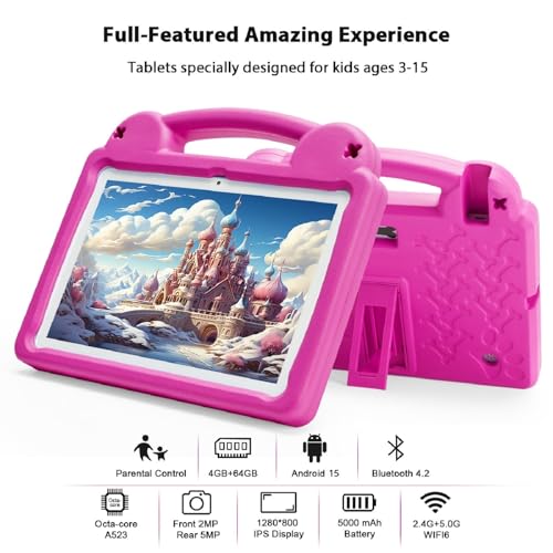Image of Android Tablet 10 Inch, Android 15 Kids Tablet, A523 Octa-Core, 8GB+64GB, 1TB Expandable, WiFi 6 (2.4G+5G), EVA Case with Stand, Pink