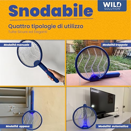 Buzzbuster - Racchetta Zanzare Elettrica Ricaricabile USB-C - 4 In 1 - Zapper Per Mosche E Zanzare Elettrico Con Manico Anti-Fuga - Modalità Zanzariera Elettrica Per Interno Ed Esterno - 4