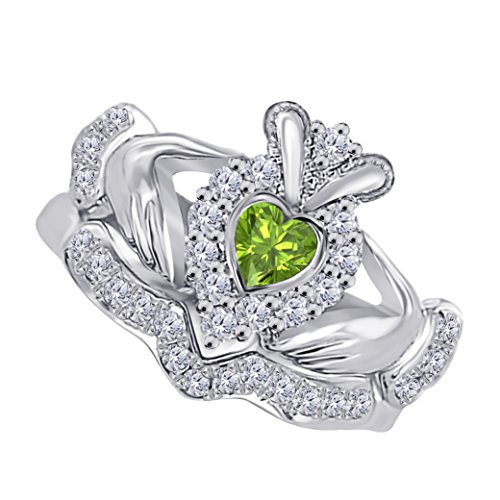 DS Jewels Bezal Set Claddagh Ring 14k Gold Plated Alloy 0.70ctw Bezal Set Heart Cut CZ Peridot & Cubic Zirconia Wedding Band & Crown Claddagh Engagement Bridal Set Ring