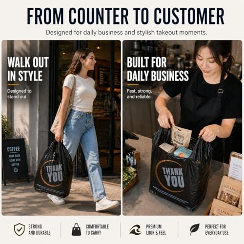 Image of YoYoRain Black Thank you T shirt bag, Grocery shopping bag Reusable and Disposable Supermarket Bag 11''x6''x21'' 300PCS