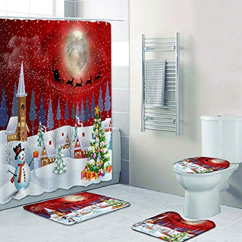 Novobey 4 Pcs Merry Christmas Shower Curtain Sets with Non-Slip Rug, Toilet Lid Cover and Bath Mat, Santa Claus Shower Curtain with 12 Hooks Christmas Bathroom Decor