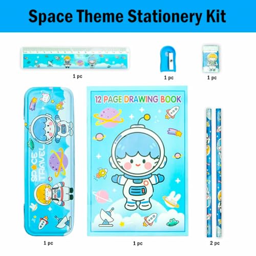 Toy Imagine Cute Stationery Set - 8-Piece School Supplies Kit for Kids - Includes Pencil Case, Pencils, Ruler, Drawing Book, Sharpener, Eraser, and Transparent Pouch (Color May Vary - Blue or Green) - Image 4