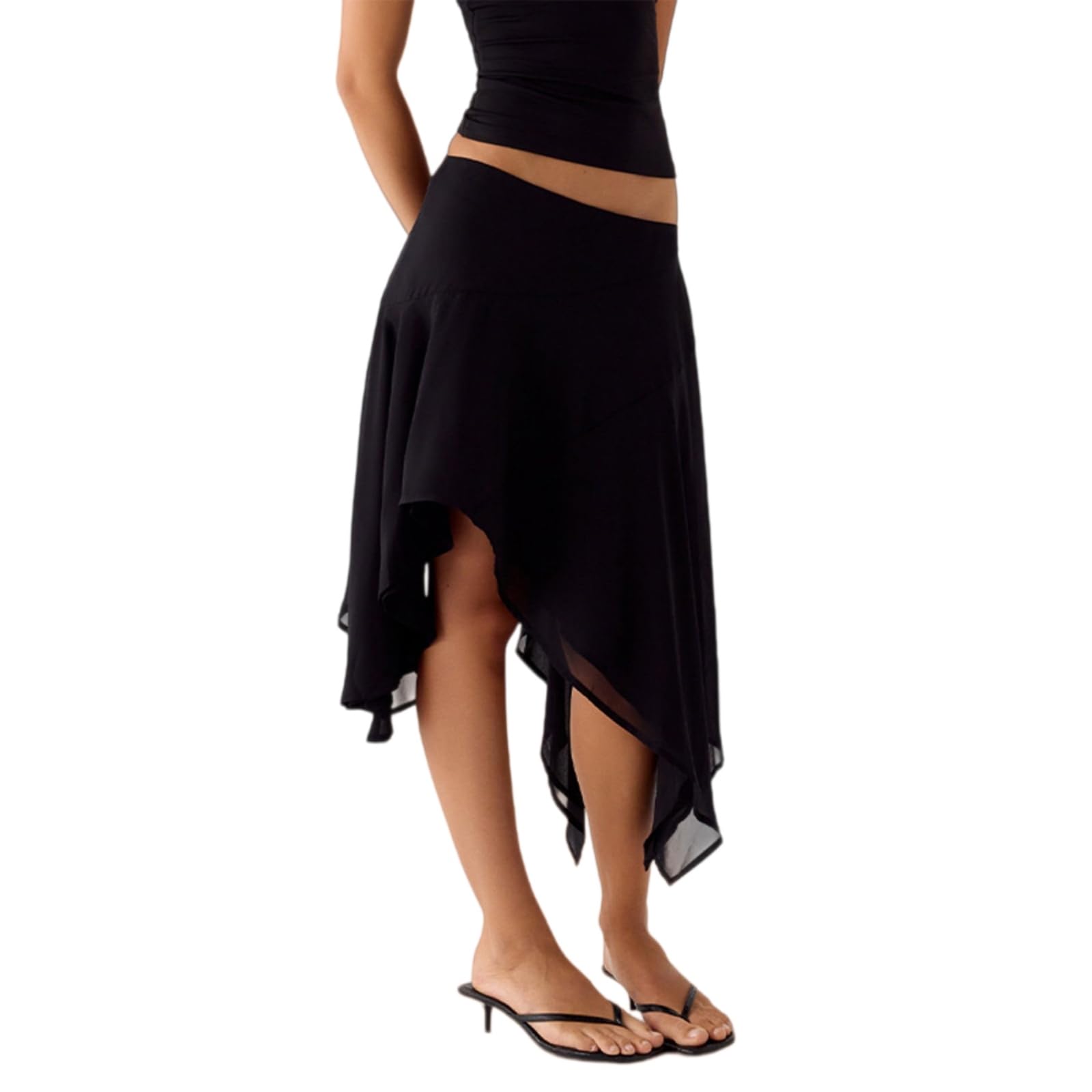 Minigonna Alta Vita Donne Asimmetrica Hem Midi Gonna Ruffle A-Line Fluid Elegante Casual Vacanze Estive Stile Chic-Emerald Green-l