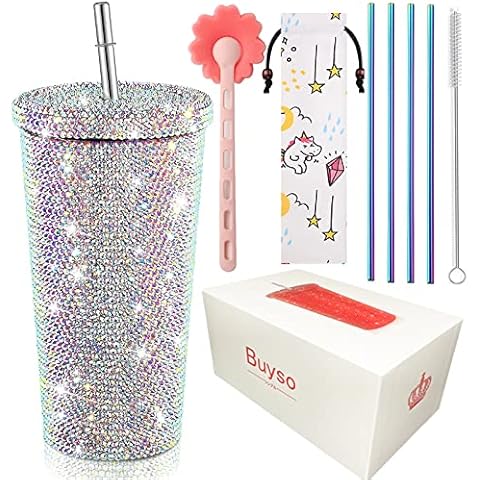 Buyso Bling Cup Studded Rhinestone Tumbler Glitter Cups with Lid Stainless Steel Vacuum Thermal with Straw Rhinestone Insulated Office Mug for Ice Cold or Warm Drinking for Women Cup (Shiny) Cover