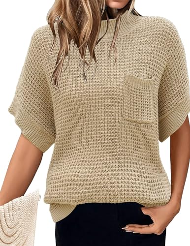 Image of Women 2026 Sweater Vest Mock Neck Batwing Short Sleeve Oversized Ribbed Knit Tops Fall Pullover Sweater S-XXL