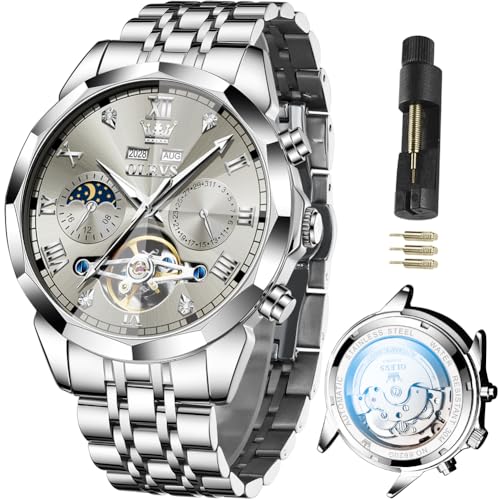 Image of OLEVS Automatic Watches for Men Business Dress Mechanical Watch Stainless Steel Waterproof Self Winding Classic Date Luxury Diamond Skeleton Men Wristwatch