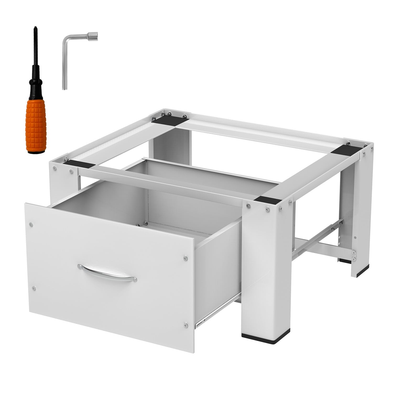 Waschmaschinen Untergestell mit Schublade, 63x54x32 cm, 150 kg | Stahlrahmen mit Zugstreben, Antirutschfüßen und Dämpfungspads für Bad und Waschküche