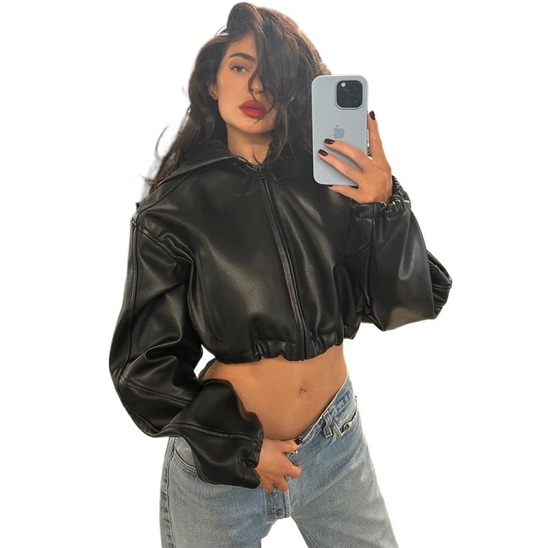 heyheyshine Women's Short Leather Jacket, Long Sleeve Zipper Hooded Jacket, Moto Biker Jacket, Solid Lightweight Blazer