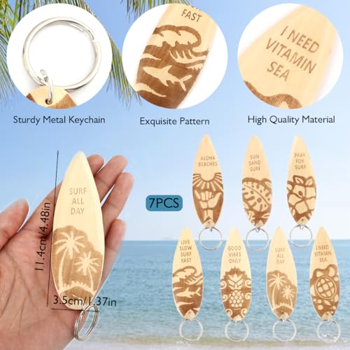 Wooden Surfboard Keychains Fun Key Chains Beach Party Favor Purse Backpack Keychain Mini Surfboard Pendant, Set of 7