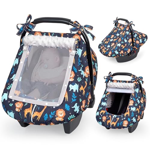 Image of FIOBEE Baby Car Seat Cover, Car Seat Covers for Babies Infant Car Seat Canopy with Breathable Mesh Window Waterproof Carseat Cover for Babies Boy Girl 4 Seasons, Dark Blue Giraffe