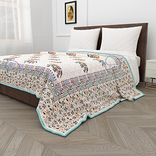 Image of 380 GSM Jaipuri Elephants Printed Winter Cotton Single Bed Quilt Razai - Red, Green, Cream and Multicolor, Rajai, 60X90 Inch