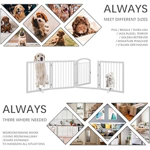 JSB 96-inch Extra Wide 30-inch Tall Dog gate with Door Walk Through, Freestanding Round Tube Pet Gate for Halls Stairs, Puppy Safety Dog Fence with 2PCS Support Feet (White)