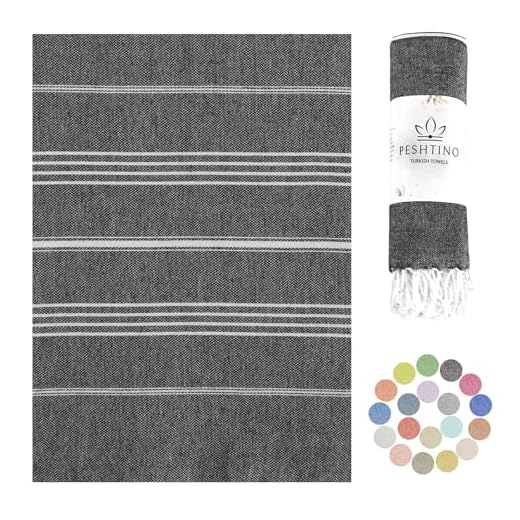 PESHTINO Turkish Beach Towel – Oversized Quick Dry Lightweight Thin Sand Free Compact Turkish Cotton Towel for Beach Pool Spa Yoga Picnic and Travel (Black)