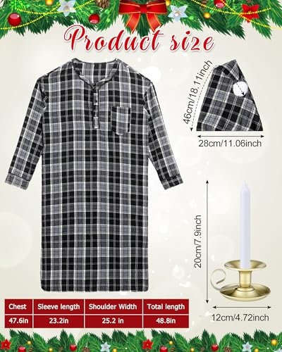 Cuffbow 4 Pcs Christmas Men's Cotton Flannel Nightshirt Set Includes Men Flannel Long Sleeve Nightgown Cap Candle and Holder2
