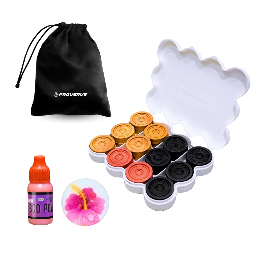 Proverve Carrom Board Coins Combo Box with Striker | 8mm Plastic Carrom Coin for Kids & Adults in Wooden Look | Carrom Board Accessories, Floral Printed Striker with Disco Powder (Set of 24 Coins)