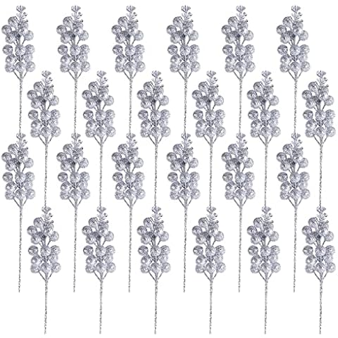 Marrywindix 24 Packs Christmas Glitter Berries Stems Artificial Silver Berry Stems Glitter Christmas Tree Picks Cover