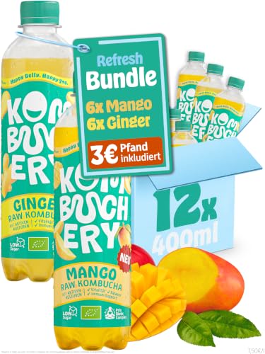KOMBUCHERY Refresh Bundle | Raw Kombucha BIO | 12 x 400ml | Fermentierter Tee mit aktiven Darm-Kulturen | Zuckerarm & Kalorienarm | Unpasteurisiert PrioBiotic Vegan Testsieger | inkl. 3 PFAND