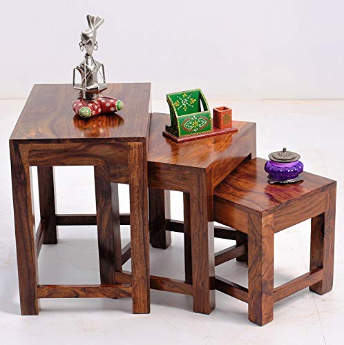 Image of Sheesham Wood Walnut Finish Bedside Nesting Table Stool -Set of 3 Stools